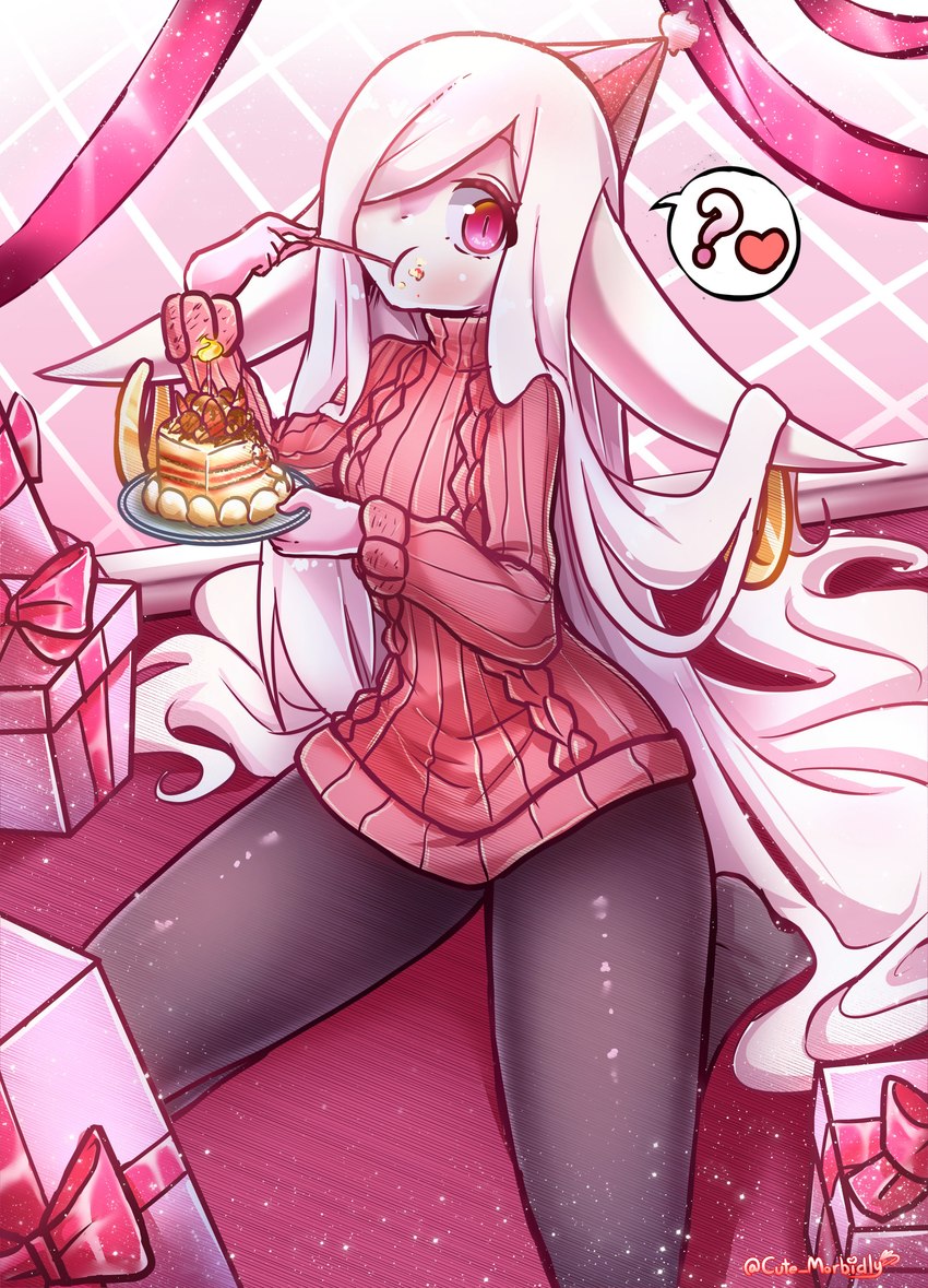 cake clothing dessert ears_down eating female food hair heart_symbol holding_cake holding_food holding_object holding_plate humanoid_pointy_ears kneeling legwear long_ears looking_at_viewer pantyhose pink_eyes pivoted_ears pointy_ears pupils question_mark red_clothing red_floor red_sweater red_topwear slit_pupils solo sweater topwear white_body white_hair white_skin morbidlycutecrunch humanoid absurd_res hi_res pink_theme