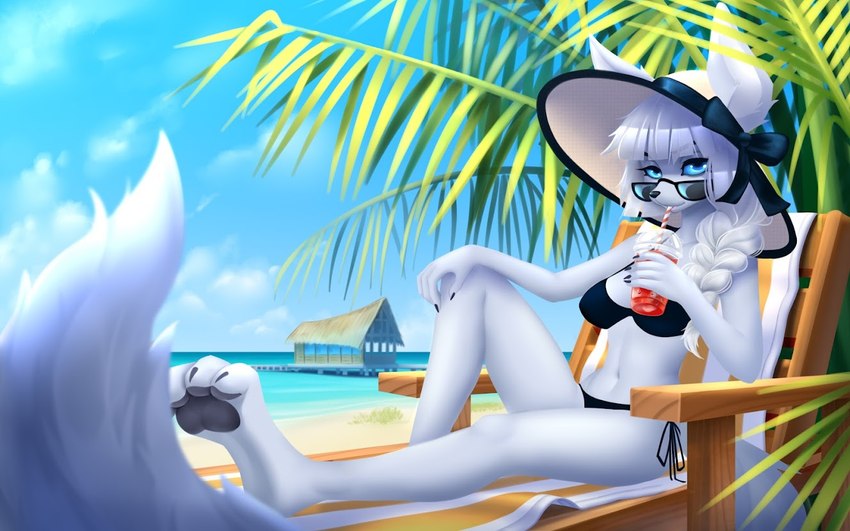 anthro beach beach_chair beverage bikini blue_eyes clothing female hair hat headgear headwear ponytail seaside solo swimwear tropical two-piece_swimsuit white_hair idler_r alice_destiny arctic_fox canid canine fox mammal true_fox 16:10 widescreen