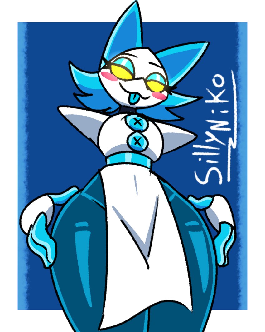 anthro asian_clothing chinese_clothing clothing east_asian_clothing female floating_hands glistening glistening_body low-angle_view simple_background smug_face solo thick_thighs tongue tongue_out wide_hips sillyniko deltarune undertale_(series) tasque_manager canid canine felid feline fox mammal 4:5 hi_res