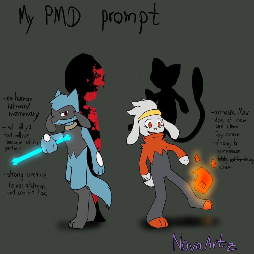 ambiguous_gender anthro biped black_text blue_body blue_fur duo eyelashes fire fur mouth_closed paws pose purple_text red_eyes shadow standing tail text white_sclera novaarts nintendo pokemon pokemon_mystery_dungeon spike_chunsoft generation_1_pokemon generation_4_pokemon generation_8_pokemon legendary_pokemon mew_(pokemon) pokemon_(species) raboot riolu 2023 artist_name digital_media_(artwork) english_text hi_res