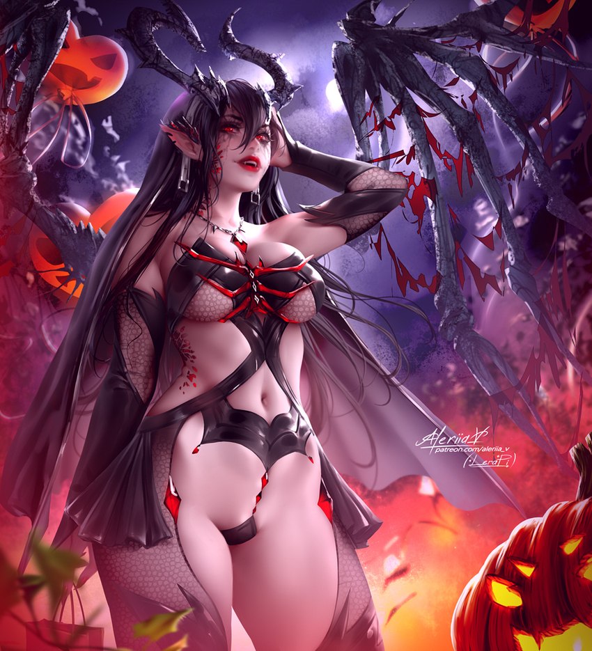 big_breasts breasts fangs female horn humanoid_pointy_ears jack-o'-lantern not_furry pointy_ears solo teeth thick_thighs wide_hips wings lerapi demon horned_humanoid humanoid succubus winged_humanoid