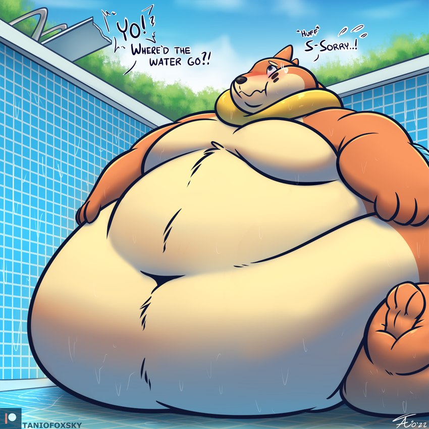 anthro bodily_fluids dialogue fur immobile looking_up male morbidly_obese morbidly_obese_anthro morbidly_obese_male navel nervous_sweat nude obese obese_anthro obese_male outside overweight overweight_anthro overweight_male patreon_logo puffed_cheeks sitting solo sweat sweatdrop swimming_pool text wet tanio nintendo patreon pokemon buizel generation_4_pokemon pokemon_(species) 1:1 2022 english_text