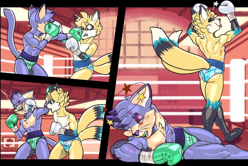 anthro bangs blonde_hair blue_body blue_eyes blue_fur boxing boxing_gloves butt cheek_tuft chest_tuft clothing countershading dipstick_ears dipstick_tail duo ear_markings facial_tuft fighting_ring fur grey_body grey_fur hair handwear male male/male markings mouthguard multicolored_ears orange_eyes smile speedo sport swimwear tail tail_markings tan_body tan_fur tuft whiskers yellow_body yellow_fur dcheese sega sonic_the_hedgehog_(series) miles_prower canid canine domestic_cat felid feline felis fox mammal 2022 alpha_channel digital_media_(artwork) hi_res