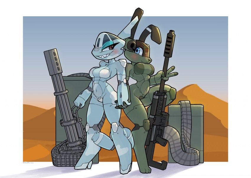 aircraft anthro blue_eyes blush breasts duo female gatling_gun green_body gun helicopter machine machine_gun metallic_body minigun ranged_weapon rifle smile vehicle weapon sat_v12 ah-64_apache a-10 aircraft_humanoid lagomorph leporid living_aircraft living_helicopter living_machine living_vehicle mammal rabbit 2022