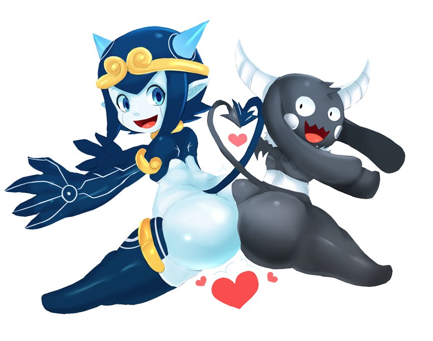 4_fingers ass_to_ass big_butt black_body black_butt black_ears black_tail black_tuft black_wings blue_arms blue_body blue_butt blue_ears blue_eyes blue_hair blue_horn blue_legs blue_tail bra butt clothing duo female fingers gesture glistening glistening_butt glistening_thighs hair head_tuft heart_shaped_tail heart_symbol horn long_ears looking_at_viewer membrane_(anatomy) membranous_wings neck_tuft open_mouth open_smile pointy_ears prick_ears pupils red_heart red_mouth red_tongue short_stack small_pupils smile spade_tail tail tail_gesture tail_heart thick_thighs tongue tuft underwear wavy_mouth white_bra white_cheeks white_clothing white_horn white_tuft white_underwear wide_hips wings matospectoru bibi_(o-den) demon succubus 2015