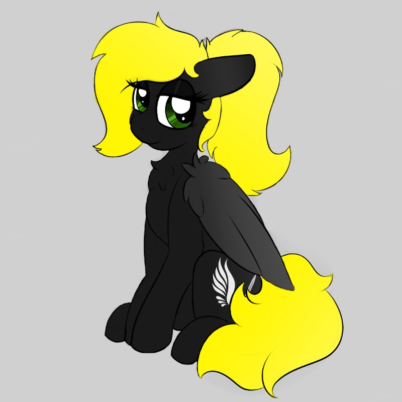 black_body black_fur blonde_hair cutie_mark feathered_wings feathers female feral fur green_eyes grey_background hair ponytail simple_background solo wings unknown_artist hasbro my_little_pony mythology veen_sundown equid equine mammal mythological_creature mythological_equine pegasus 1:1 hi_res