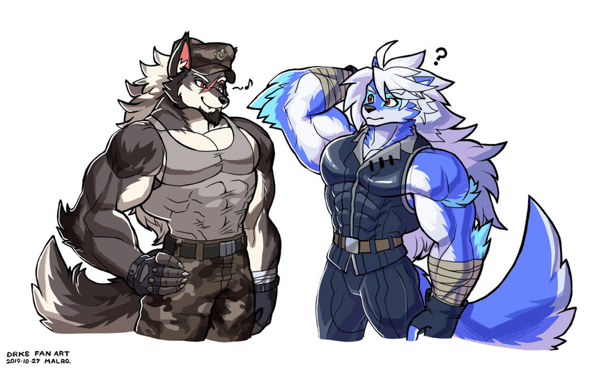 abs anthro belt biceps clothed clothing facial_hair fingerless_gloves fur gloves goatee group hair handwear male muscular muscular_male pecs simple_background wolfmalro cheong_hwan canid canine canis mammal wolf 2019 digital_media_(artwork) hi_res