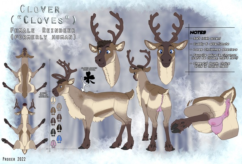 animal_genitalia animal_pussy antlers anus blue_eyes brown_body brown_fur butt cloven_hooves female feral fur genitals hooves horn multiple_angles nipples puffy_anus pussy solo standing teats text proxer deer mammal new_world_deer reindeer 2022 english_text hi_res model_sheet