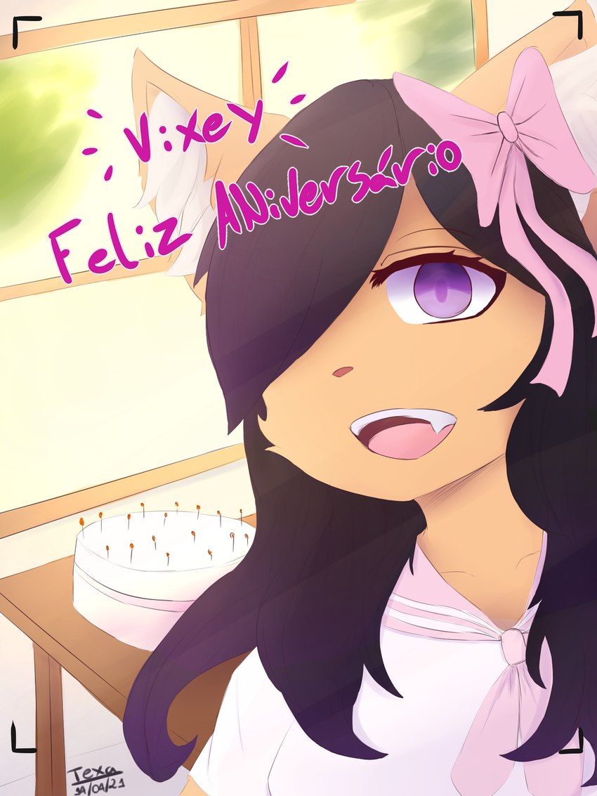 anthro birthday black_hair cake clothed clothing dessert female food furniture hair inside long_hair open_mouth purple_eyes purple_hair ribbons school_uniform selfie sharp_teeth smile smiling_at_viewer solo table teeth uniform window chocomint_texa vixeythevixen canid canine fox mammal red_fox true_fox 3:4 digital_media_(artwork) hi_res shaded