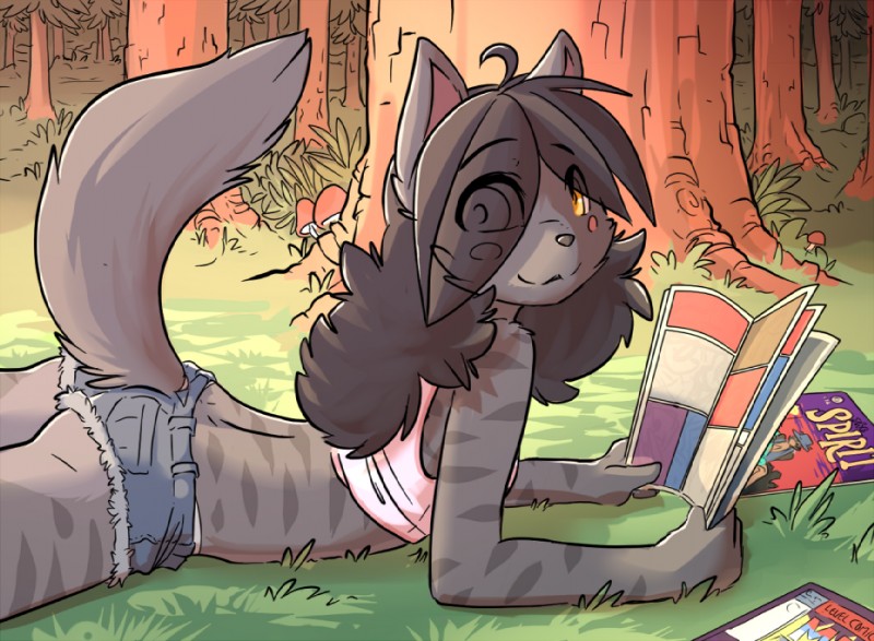 adolescent anthro bottomwear butt clothed clothing detailed_background female flat_chested forest fungus fur grey_body grey_fur hair hotpants looking_at_viewer lying midriff mushroom on_front outside plant reading shorts skimpy smile solo striped_body striped_fur stripes tree yellow_eyes young young_anthro domovoi_lazaroth camp_pines kimmy felid mammal 2018 comic digital_media_(artwork)