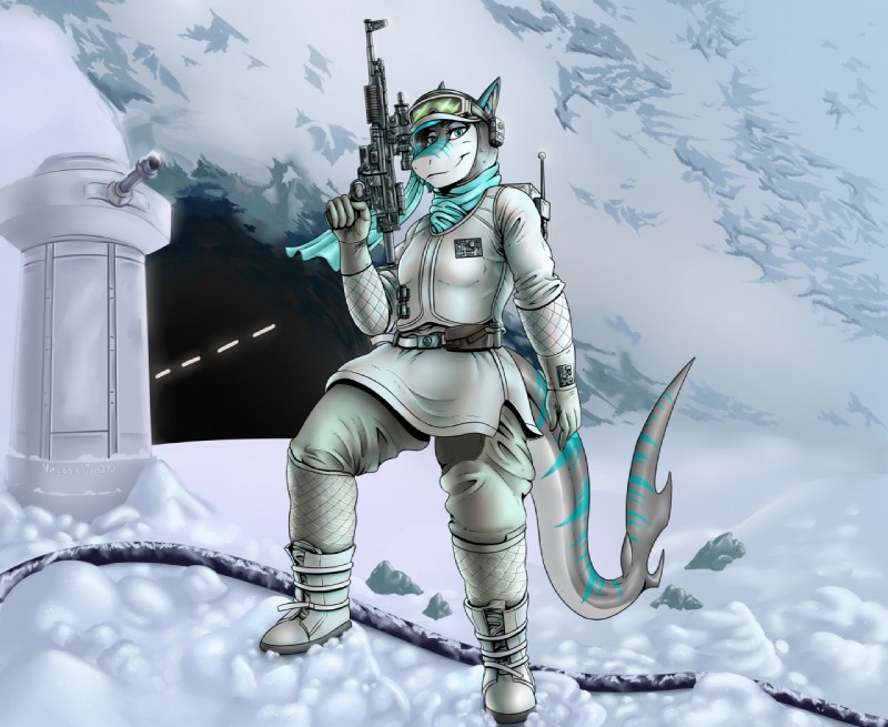 5_fingers anthro blue_eyes detailed_background female fin fingers gun holding_gun holding_object holding_ranged_weapon holding_weapon hoth ranged_weapon rebellion solo standing weapon neltharion290 star_wars tess_tealsa fish marine shark