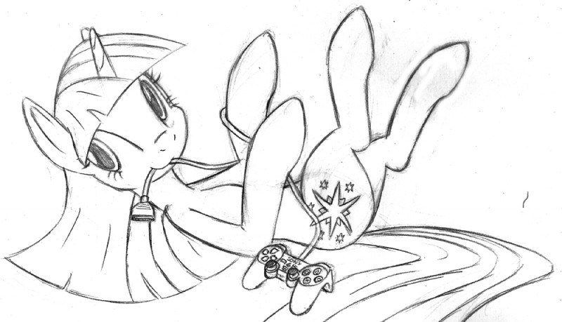 controller cord cord_in_mouth cutie_mark female feral fur game_controller hair horn joystick legs_in_air lying mouth_hold object_in_mouth on_back playstation_controller quadruped simple_background smile solo tail white_background wired_controller tg-0 dualshock dualshock_2 friendship_is_magic hasbro my_little_pony mythology playstation playstation_2 sony_corporation sony_interactive_entertainment twilight_sparkle_(mlp) equid equine mammal mythological_creature mythological_equine unicorn black_and_white crossover line_art monochrome traditional_media_(artwork)