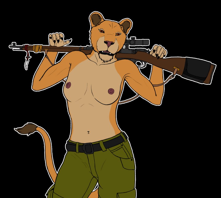 anthro areola breasts clothed clothing exposure_variation female gun mosin-nagant mosin_nagant_91/30 nipples park_ranger ranged_weapon ranger rifle simple_background sniper_rifle topless topless_female transparent_background weapon world_war_2 world_war_2_rifle rebeldragon101 disney the_lion_king kiara_(the_lion_king) felid feline lion mammal pantherine alpha_channel