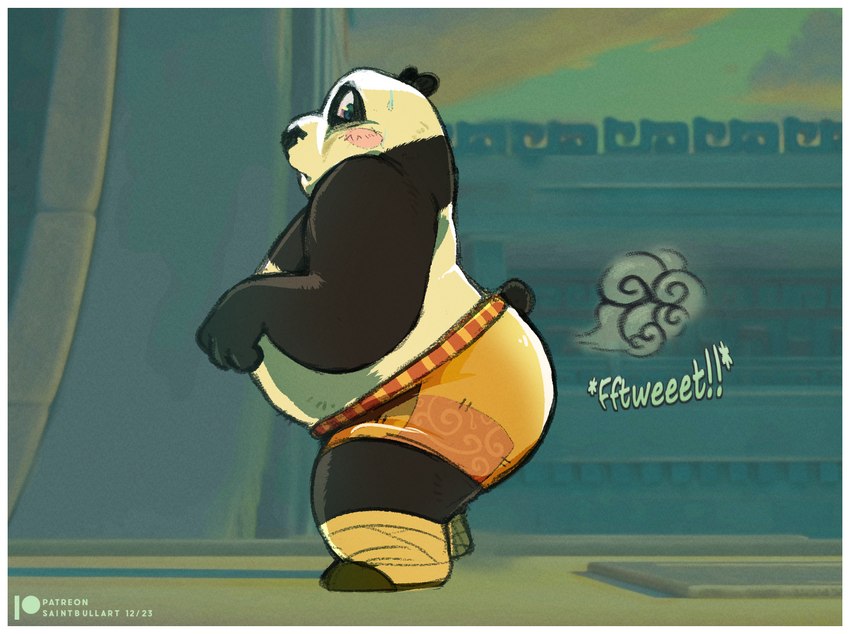 anthro belly big_belly big_butt blush bodily_fluids border bottomwear butt clothing fart fart_cloud fart_fetish looking_back male onomatopoeia overweight overweight_anthro overweight_male shorts side_view solo sound_effects sweat tail text white_border saintbullart dreamworks kung_fu_panda master_po_ping bear giant_panda mammal 2023 artist_name url