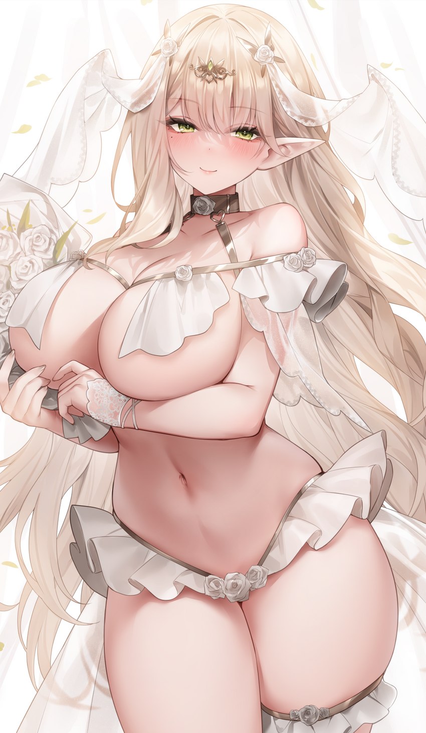 big_breasts blonde_hair blush breasts bridal_lingerie clothing female hair legband lingerie looking_at_viewer not_furry smile solo thighband sora72iro_kaba9 elf humanoid hi_res