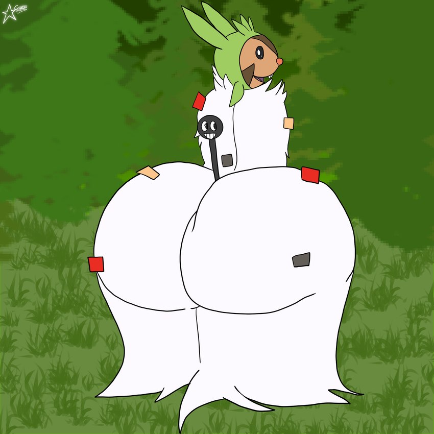 ambiguous_gender anthro big_butt butt forest huge_butt plant solo tree wide_hips cosmosarts nintendo pokemon chespa chespin generation_2_pokemon generation_6_pokemon girafarig hybrid pokemon_(species) spewpa 1:1 absurd_res hi_res