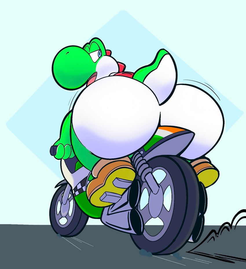 anthro big_butt bubble_butt butt butt_focus butt_jiggle butt_ripples clothing driving footwear huge_butt huge_thighs jiggling looking_back male motion_lines motorcycle nude open_mouth open_smile outside rear_view road scales shell shoes simple_background sitting sky smile solo thick_thighs tongue vehicle taylor_fawks mario_bros mario_kart nintendo green_yoshi scalie yoshi 2022 hi_res