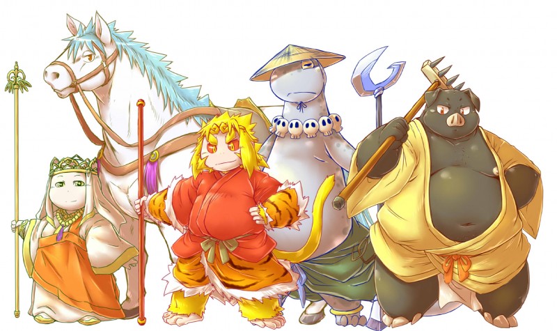 anthro clothed clothing group male monk overweight overweight_male simple_background slightly_chubby smile smirk staff tail weapon white_background chiro_(artist) journey_to_the_west mythology sha_wujing sun_wukong tang_sanzang yulong_(journey_to_the_west) zhu_bajie domestic_pig dragon equid equine haplorhine horse mammal monkey mythological_creature mythological_scalie primate scalie suid suina sus_(pig) hi_res