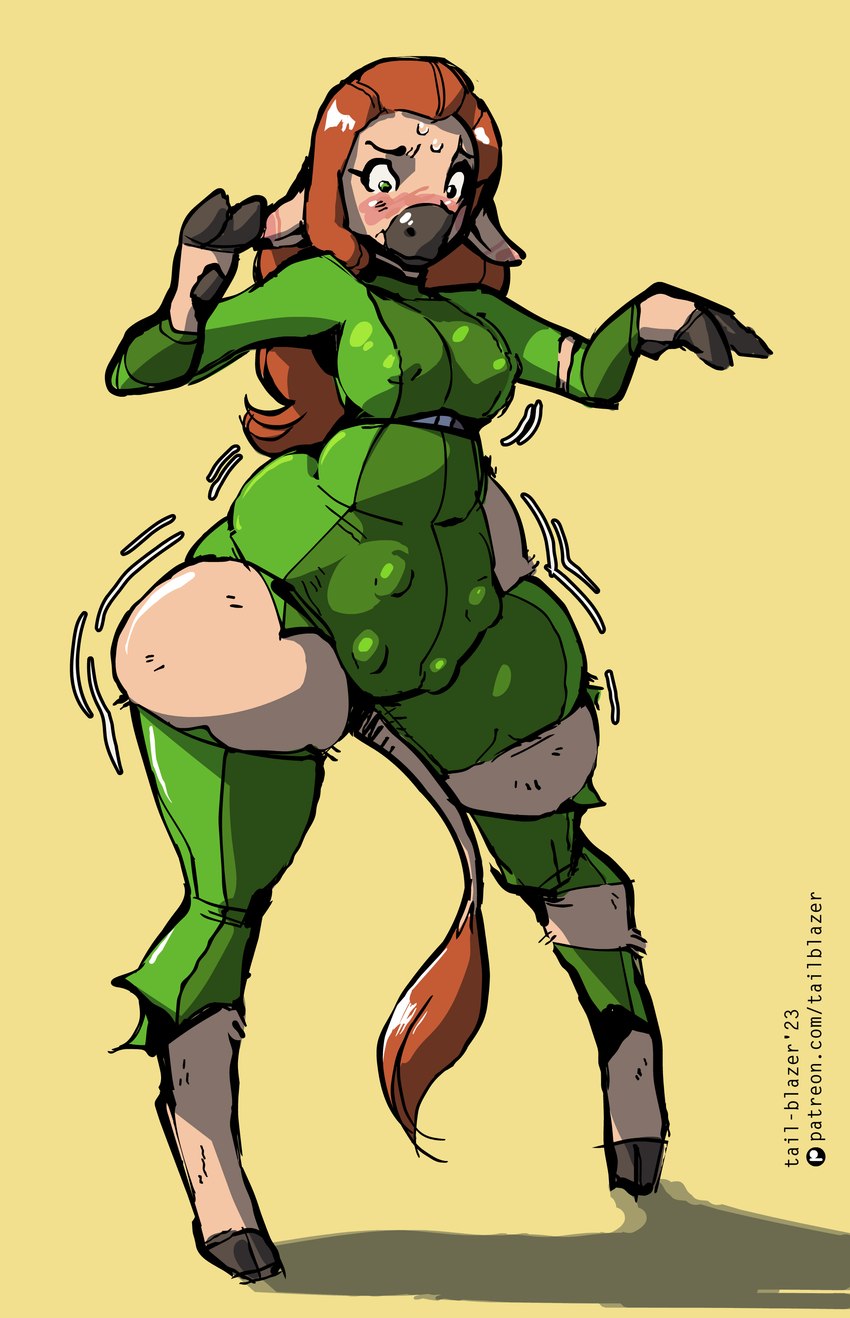 alternate_species anthro big_breasts biped bodysuit breasts breasts_and_teats brown_hair clothing female fingers furrification green_bodysuit green_clothing green_eyes green_skinsuit hair hooved_fingers hooves nipple_outline simple_background skinsuit solo standing teats tight_clothing torn_bodysuit torn_clothing transformation udders tail-blazer totally_spies! sam_(totally_spies!) bovid bovine cattle mammal 2023 absurd_res hi_res