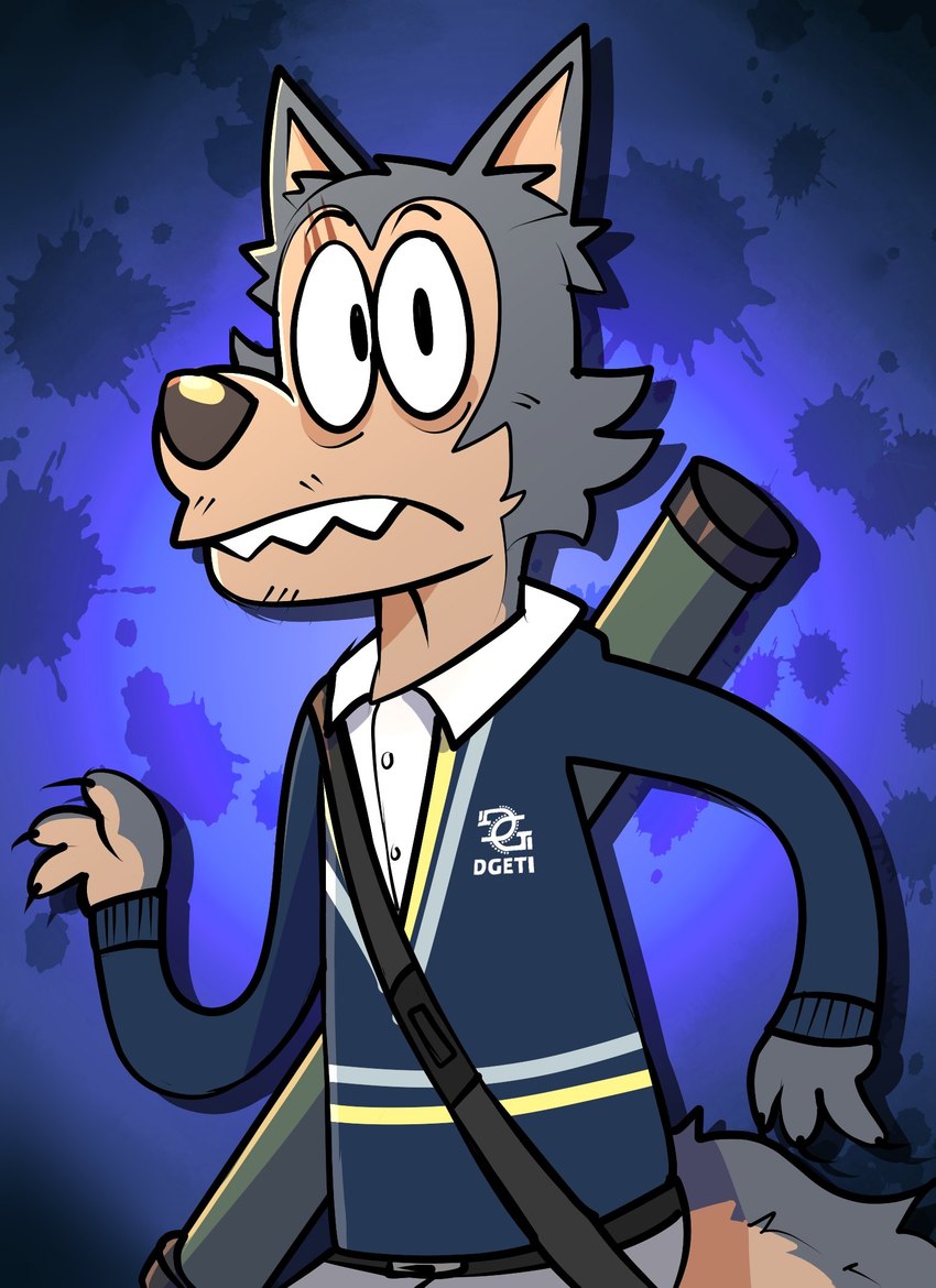 anthro bottomwear clothing fur looking_at_viewer male pants scar school_uniform solo sweater sweater_vest teeth topwear uniform vest janjauwu beastars legoshi_(beastars) canid canine canis mammal wolf 2024 hi_res