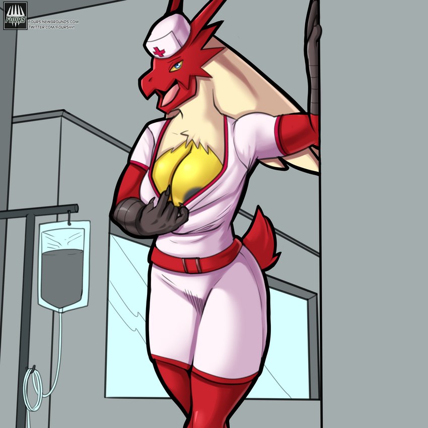 anthro areola areola_slip big_breasts black_areola blue_eyes breasts cleavage clothed clothing female looking_at_viewer non-mammal_breasts nurse nurse_clothing nurse_uniform open_mouth red_body solo topwear_down uniform white_body yellow_sclera fourssss nintendo pokemon blaziken generation_3_pokemon pokemon_(species) 1:1 2022 hi_res