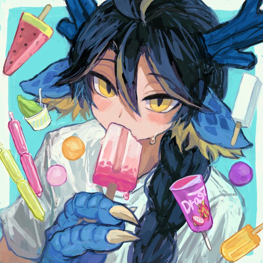 bodily_fluids clothed clothing dessert eating food ice_cream male popsicle solo sweat sweatdrop bbdd029 mythology animal_humanoid dragon dragon_humanoid eastern_dragon eastern_dragon_humanoid humanoid mythological_creature mythological_scalie scalie 1:1