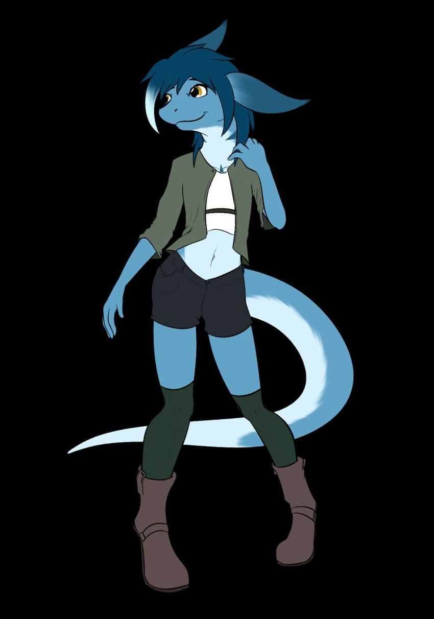 aged_down anthro blue_body blue_fur blue_hair boots bottomwear clothed clothing female footwear fur fur_markings hair hand_on_shoulder markings navel orange_eyes shoes shorts socks solo standing tail topwear white_body white_fur giru_(artist) mythology miryam_(giru) dragon furred_dragon furred_scalie mythological_creature mythological_scalie scalie hi_res