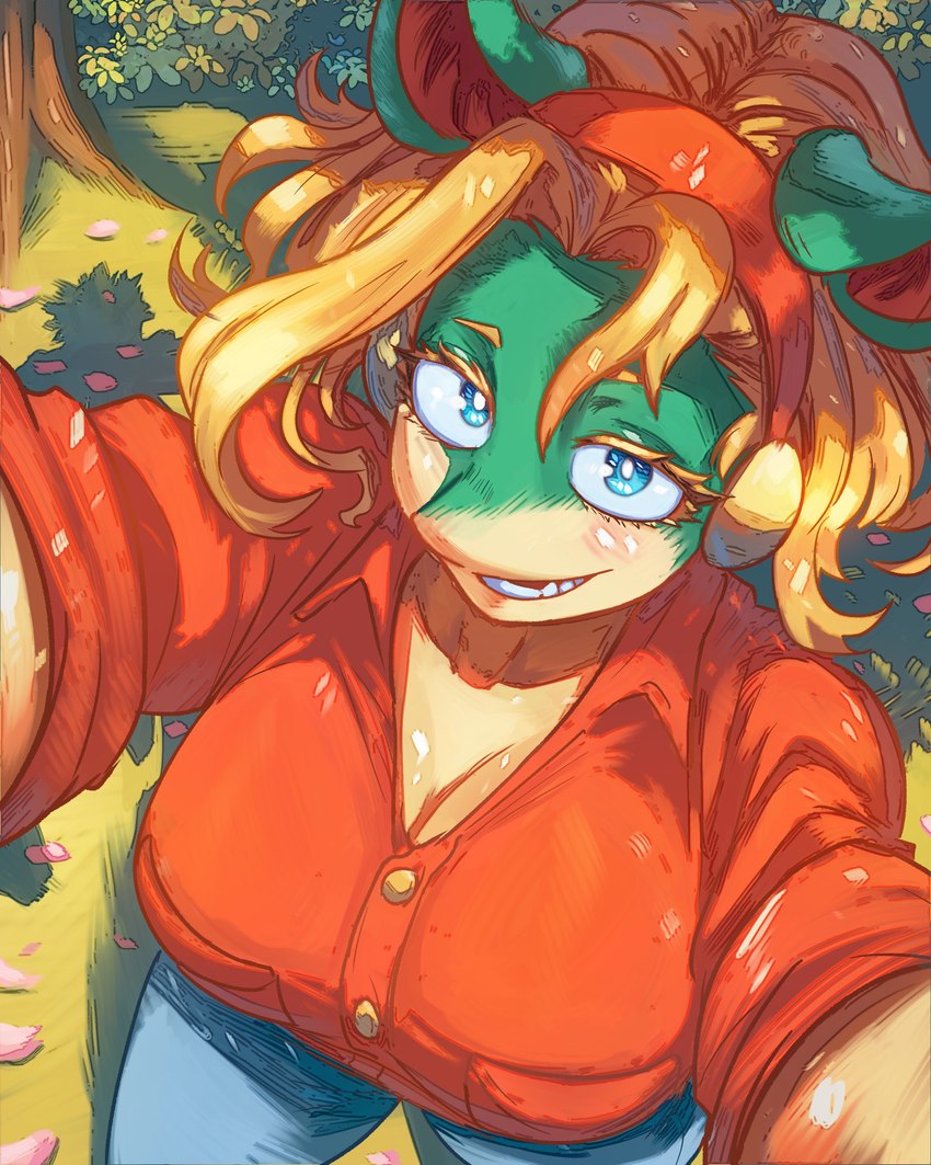 anthro big_breasts blonde_hair blue_eyes bottomwear breasts clothing dress_shirt female hair head_accessory multicolored_body open_mouth pants petals plant red_clothing red_dress_shirt red_shirt red_topwear shirt solo teal_body teeth topwear tree two_tone_body vlizz my_hero_academia ippan_josei mammal quirked_human_(my_hero_academia) 2024 4:5 absurd_res hi_res