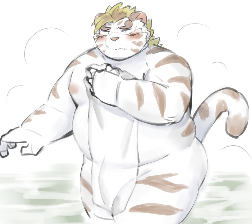 anthro belly big_belly blush bulge humanoid_hands kemono male moobs nipples overweight overweight_male solo towel water white_body ptcmtr lifewonders tokyo_afterschool_summoners licho_(tas) felid mammal pantherine tiger 2024 hi_res