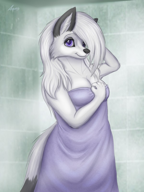 anthro breasts female fur hair half-closed_eyes long_hair narrowed_eyes purple_eyes slightly_chubby solo towel towel_only wet white_body white_color white_fur white_hair aquas_sirenix elementals_(aquassirenixpower) serenity_paradise canid canine fox mammal 2018 3:4 absurd_res hi_res