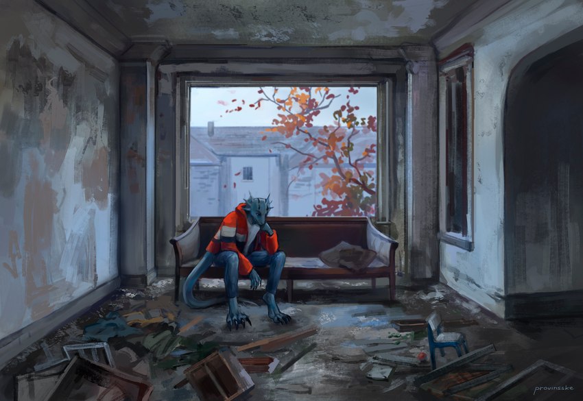 abandoned_building anthro autumn bottomwear chair claws clothing denim denim_bottomwear denim_clothing detailed_background furniture gills grey_body horn jacket jeans lizard_tail looking_down male multi_horn on_sofa pants red_eyes shirt sitting sitting_on_sofa slim sofa solo t-shirt thinking thoughtful_expression topwear window provinsske space_station_13 zink_shan lizard reptile scalie unathi cool_colors hi_res