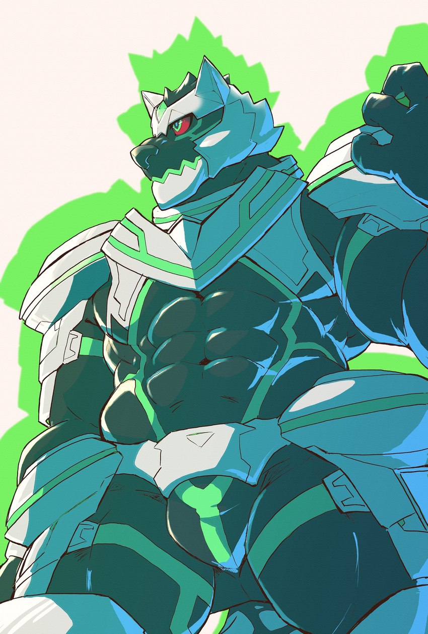 abs anthro armor bodysuit bulge clothing green_eyes male muscular muscular_anthro muscular_male pecs red_sclera skinsuit solo supervillain tight_clothing heylaw21 lifewonders live_a_hero monomasa canid canine canis domestic_dog husky mammal nordic_sled_dog spitz absurd_res hi_res