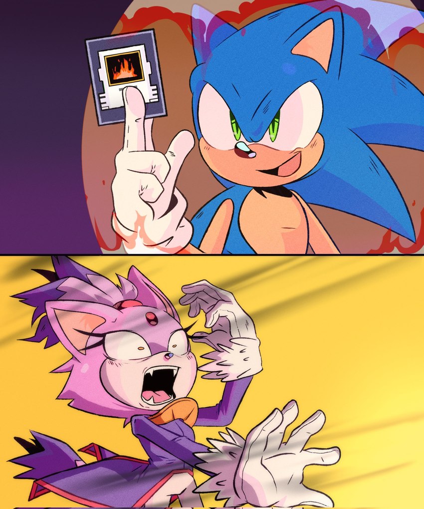 anthro card clothing duo female fur gloves green_eyes handwear male on_model open_mouth open_smile parody playing_card smile teeth thin_thighs yellow_eyes spinstellar sega sonic_the_hedgehog_(series) yu-gi-oh! blaze_the_cat sonic_the_hedgehog eulipotyphlan felid feline hedgehog mammal 2023 hi_res meme