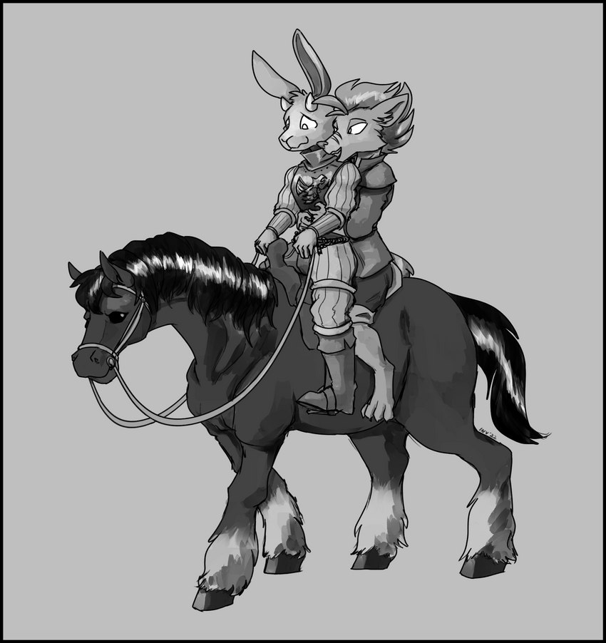 anthro armor black_border boots border breastplate bridle clothing duo female feral footwear grey_background hug hugging_another hugging_from_behind landsknecht male mount nervous reins riding saddle shoes simple_background sitting smile tack revertigo bec_the_rabbit jaclyn_(revertigo) canid canine canis domestic_dog equid equine horse husky hybrid lagomorph leporid mammal nordic_sled_dog rabbit spitz wolf wolfdog digital_media_(artwork) greyscale hi_res monochrome shaded signature