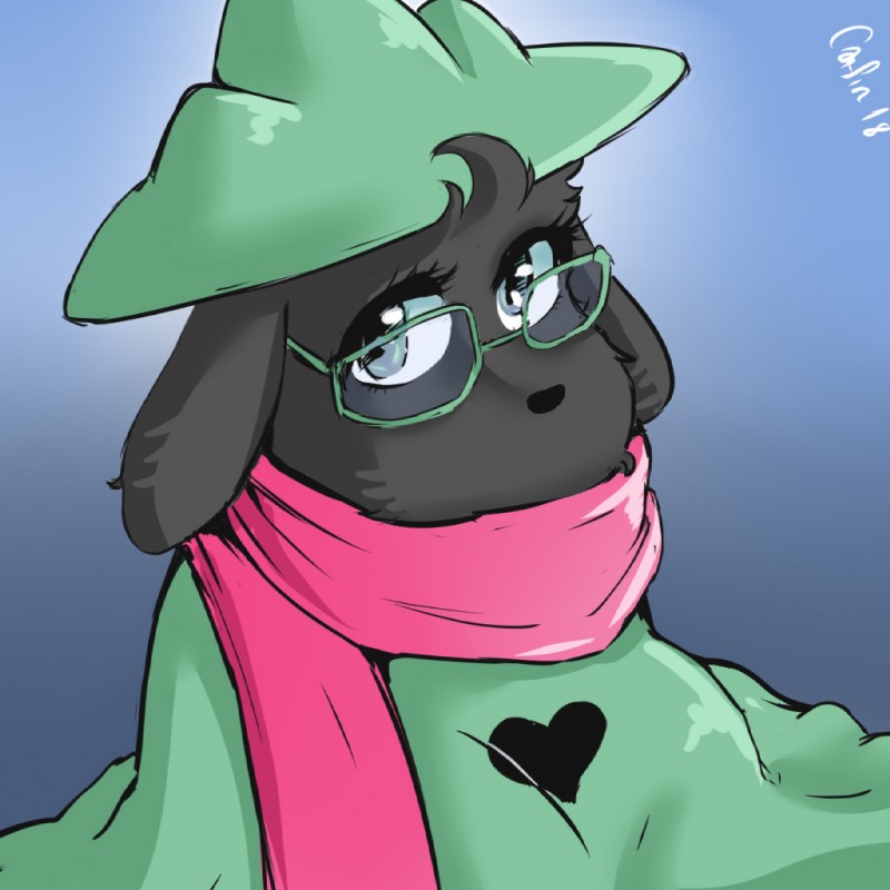 ambiguous_gender anthro black_body black_fur clothed clothing eyewear floppy_ears fur glasses green_clothing green_headwear grey_eyes hat headgear headwear heart_symbol looking_at_viewer scarf simple_background solo cafin deltarune undertale_(series) ralsei bovid canid canine caprine darkner goat mammal 1:1 2018 digital_media_(artwork)