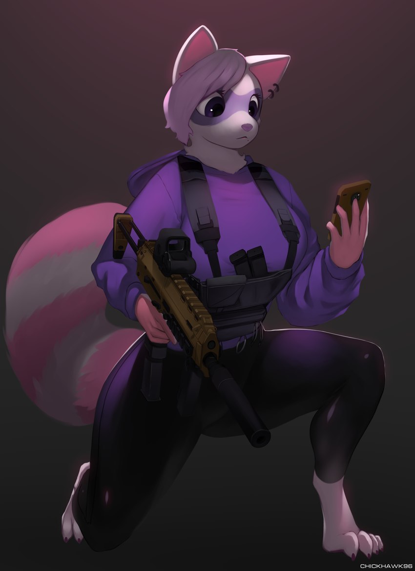 anthro barefoot bottomwear clothed clothing digitigrade ear_piercing ear_ring feet female gun hoodie pants piercing purple_eyes purple_nose ranged_weapon ring_piercing silencer solo tight_bottomwear tight_clothing tight_pants topwear trigger_discipline weapon chickhawk96 alexy mammal procyonid raccoon digital_media_(artwork) hi_res