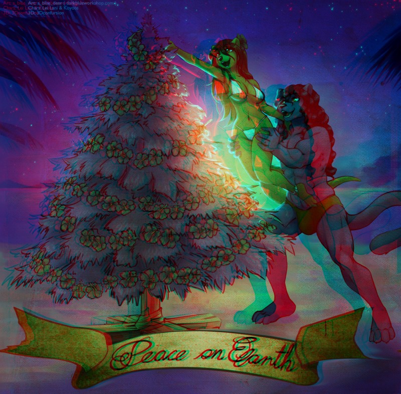 4_toes anthro barefoot beach bikini breasts claws clothing duo feet female lifting male night outside plant seaside star sunset swimwear text thong toes tree two-piece_swimsuit underwear 3dconfursion_(editor) abluedeer koyote lei-lani mammal mustelid otter 2017 absurd_res anaglyph english_text hi_res stereogram url