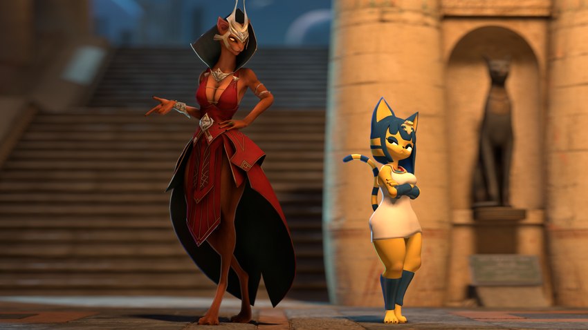annoyed anthro barefoot big_breasts blue_eyes blue_hair bottomless breasts claws cleavage clothed clothing crossed_arms crown dress duo egyptian egyptian_clothing feet female frown fur hair hand_on_hip headgear jewelry long_legs looking_aside looking_at_another looking_back looking_down looking_up narrowed_eyes open_mouth open_smile orange_body orange_eyes orange_fur orange_sclera size_difference smile thick_thighs uraeus walking wide_hips yellow_body voui hazeker_(modeler) animal_crossing master_of_orion nintendo ankha_(animal_crossing) ankha_(hazeker) empress_jasana alien domestic_cat felid feline felis mammal mrrshan 16:9 2021 3d_(artwork) 4k absurd_res crossover digital_media_(artwork) hi_res source_filmmaker_(artwork) widescreen