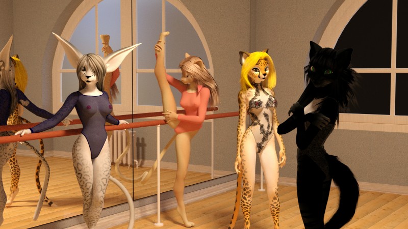 anthro ballerina ballet ballet_leotard bar barefoot barre big_ears black_body black_fur black_hair black_nose blonde_hair bodysuit breasts clothed clothing dance_studio dancewear digitigrade feet female fur genitals green_eyes grey_body grey_fur group hair humanoid_hands humanoid_pointy_ears inside leotard long_hair looking_at_viewer looking_back markings mirror multicolored_body multicolored_fur navel nipple_outline nipples paws pink_nipples pointy_ears pussy skinsuit slim smile sport spots spotted_body spotted_fur spread_legs spreading standing stretching tan_body tan_fur tan_hair tight_clothing translucent translucent_clothing white_body white_fur white_hair wide_hips window yellow_body yellow_fur littlefisky leila lilith_(angry_cat) mara_(angry_cat) canid canine cheetah domestic_cat felid feline felis mammal 3d_(artwork) digital_media_(artwork) hi_res