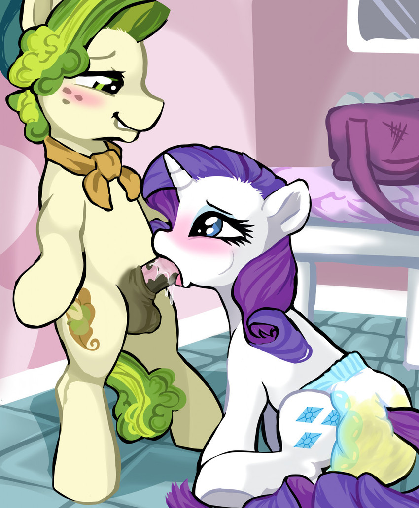 against_surface against_wall animal_genitalia animal_penis ascot blush bodily_fluids clothed clothing cutie_mark diaper diaper_bag duo equine_genitalia equine_penis erection fellatio female feral genital_fluids genitals green_eyes green_mane green_tail horn male male/female mane medial_ring on_ground oral penile penis purple_mane purple_tail quadruped saliva saliva_on_penis sex tail unclean_diaper urine used_diaper wearing_diaper wet_diaper white_body yellow_body onc3l3rphobix friendship_is_magic hasbro my_little_pony mythology pistachio_(mlp) rarity_(mlp) earth_pony equid equine horse mammal mythological_creature mythological_equine pony unicorn 2021 digital_media_(artwork) hi_res
