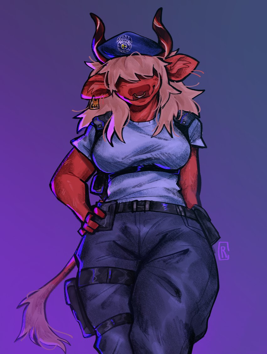 alternate_species anthro anthrofied beret big_breasts breasts clothing cosplay crossover_cosplay facial_piercing female fluffy fluffy_ears fluffy_tail hair hair_over_eyes hat headgear headwear horn muscular muscular_thighs nose_piercing nose_ring piercing police police_uniform ring_piercing solo tactical_gear tail thick_thighs uniform crockuddles capcom epic_games fortnite resident_evil desdemona_(fortnite) desdemoona jill_valentine bovid bovine cattle mammal crossover hi_res