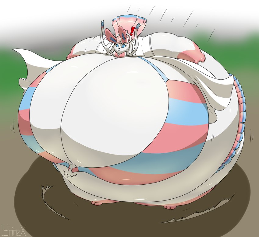 anthro belly big_belly big_breasts bottomwear breasts cleavage clothed clothing female hair huge_belly huge_breasts huge_thighs hyper hyper_belly hyper_breasts hyper_thighs pink_hair skirt thick_thighs torn_clothing white_body grinex nintendo pokemon eeveelution generation_6_pokemon pokemon_(species) sylveon