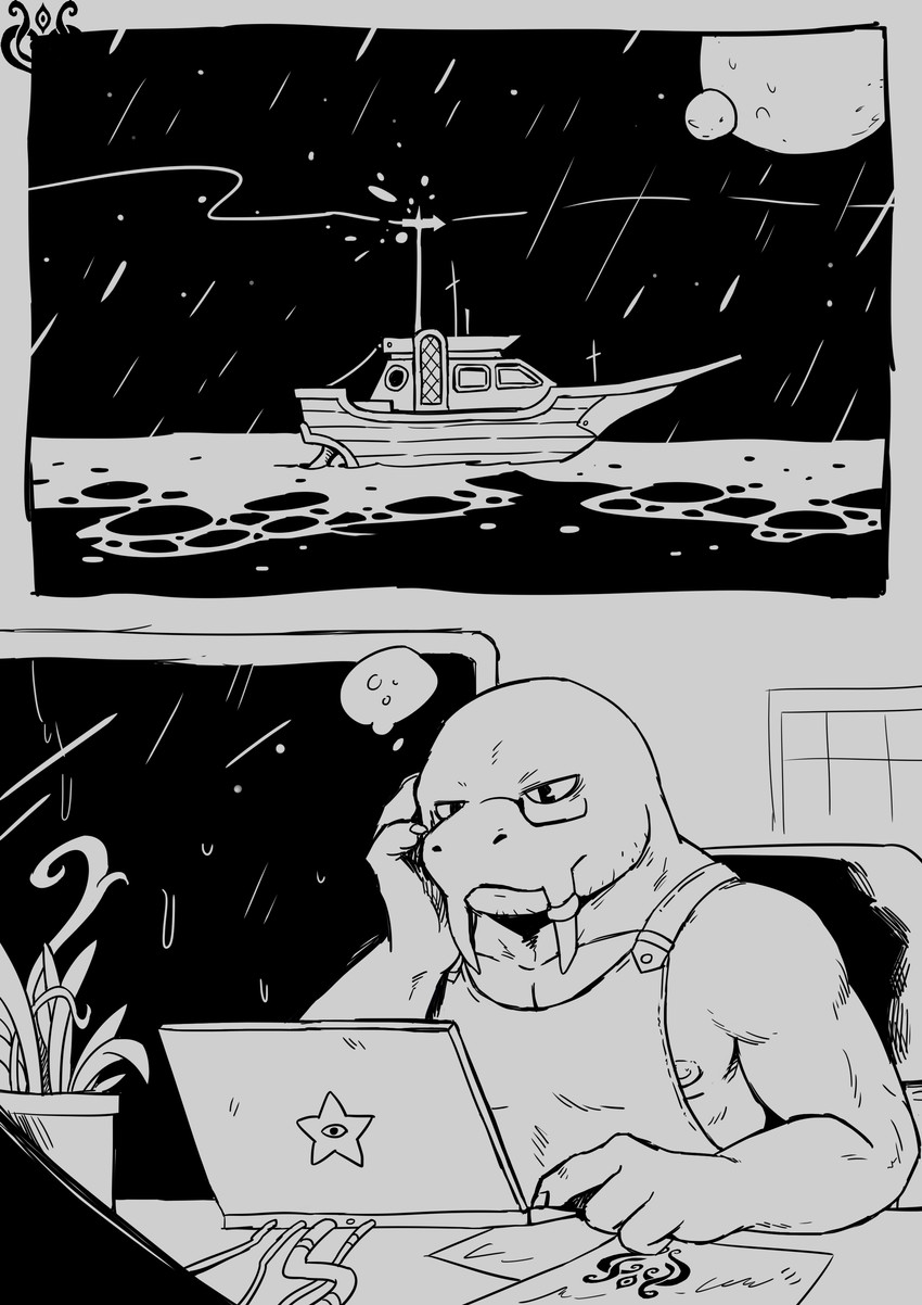 anthro boat clothing eyewear glasses male muscular muscular_anthro muscular_male nipples overalls raining sailing sea solo storm vehicle water watercraft slugsdog catfish fish marine absurd_res comic hi_res