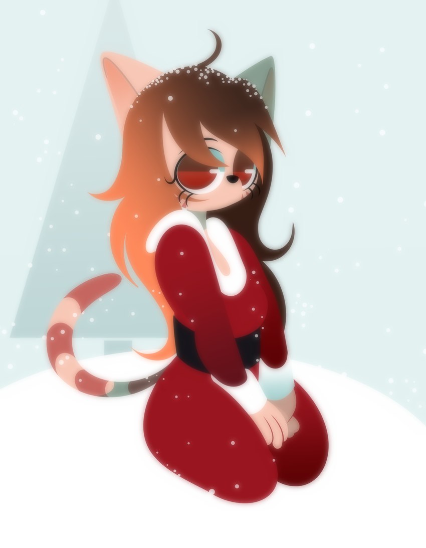 anthro big_eyes black_nose breasts brown_hair christmas_clothing christmas_dress clothed clothing dress eyebrows eyelashes female fingers fully_clothed fur hair holidays kneeling long_hair looking_at_viewer mouthless no_pupils outside plant red_clothing red_dress red_eyes seiza sitting snow snowing solo striped_body striped_fur stripes tan_body tan_fur three-quarter_view tree rasmuslikestodraw cc-by-nc christmas creative_commons anna_(anormaluser) domestic_cat felid feline felis mammal 2022 absurd_res cel_shading digital_media_(artwork) full-length_portrait hi_res lineless portrait shaded