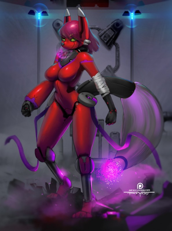 4_toes 5_fingers anthro big_tail black_nose black_sclera breasts detailed_background featureless_breasts featureless_crotch feet female fingers front_view hair humanoid_hands long_ears long_tail machine multicolored_body multicolored_skin nude pink_hair purple_tail red_body red_skin short_hair solo tail toes wrappings yellow_eyes psyk323 tiffany_lyall canid canine fox mammal robot full-length_portrait hi_res portrait