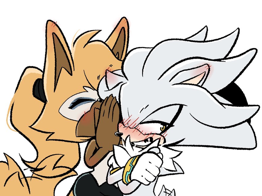 anthro blush clothed clothing crossed_arms duo embarrassed female fur hair male male/female pronounced_browridge simple_background tail whispering buttermoth idw_publishing sega sonic_the_hedgehog_(comics) sonic_the_hedgehog_(idw) sonic_the_hedgehog_(series) silver_the_hedgehog whisper_the_wolf canid canine canis eulipotyphlan hedgehog mammal wolf 2023 4:3 digital_media_(artwork) hi_res