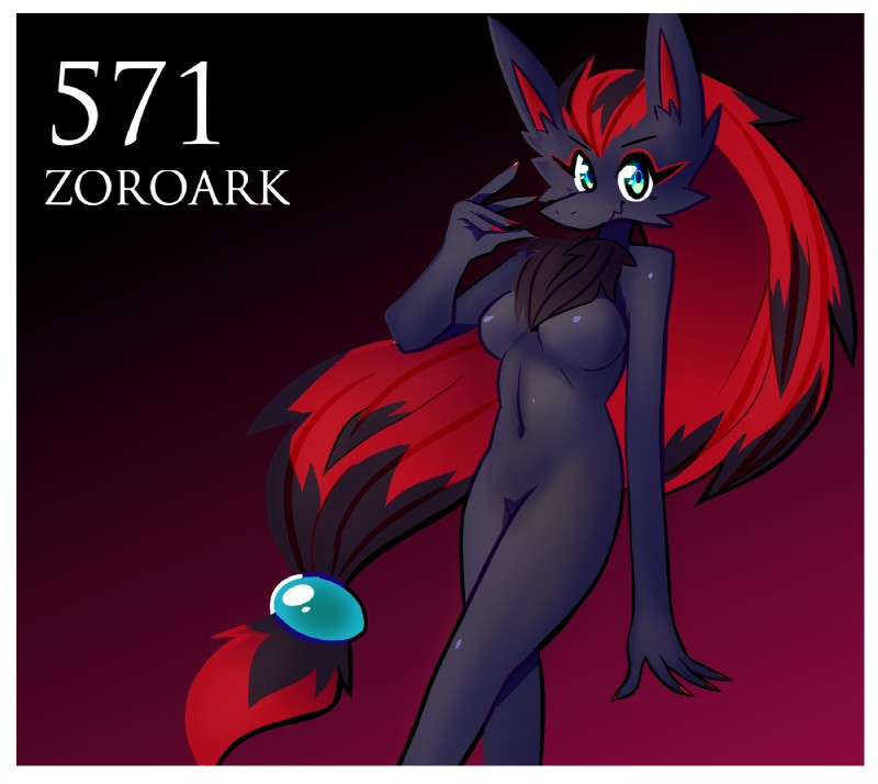 anthro anthrofied black_body black_fur border breasts chest_tuft featureless_breasts featureless_crotch female fur hair long_hair looking_at_viewer navel nude pokemorph red_hair simple_background smile solo tuft white_border inget nintendo pokemon canid canine generation_5_pokemon mammal pokemon_(species) zoroark digital_media_(artwork) hi_res