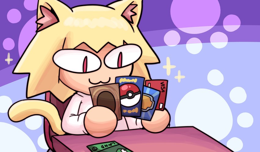 blonde_hair clothed clothing credit_card digimon_card female hair holding_object pokemon_card pupils red_eyes round_hand slit_pupils solo tail trading_card yu-gi-oh_card kujikawaii bandai_namco digimon nintendo pokemon pokemon_tcg pokemon_tcg_(game) tsukihime type-moon yu-gi-oh! neco-arc animal_humanoid cat_humanoid domestic_cat felid felid_humanoid feline feline_humanoid felis humanoid mammal mammal_humanoid neco_spirit absurd_res hi_res