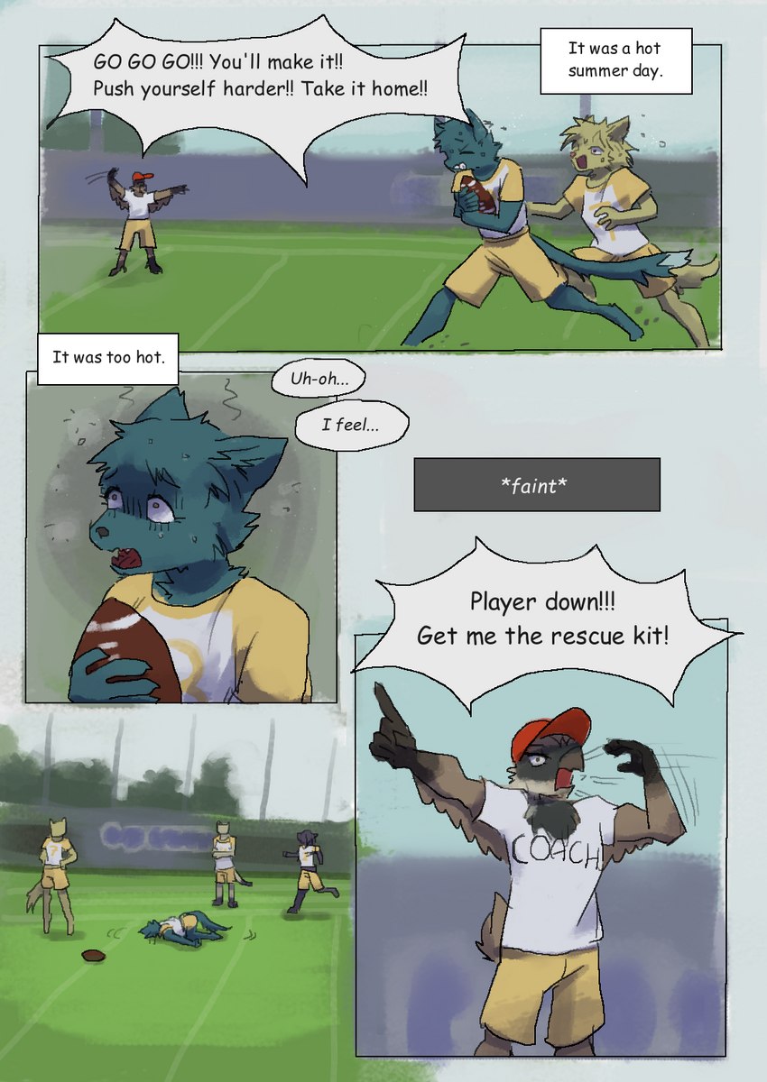 adolescent anthro ball coach fainting female football_field football_uniform gridiron_ball group male text young kemoppai christine_manny_(cubstic7) avian bird canid canine canis felid feline mammal wolf english_text hi_res