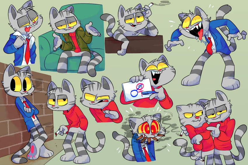 anthro bloodshot_eyes bodily_fluids bottomless clothed clothing drooling drugs female_symbol gender_symbol male male_symbol marijuana multiple_poses necktie pose saliva smoking solo symbol tongue tongue_out toony vdru7 fritz_the_cat fritz_the_cat_(character) domestic_cat felid feline felis mammal 2018